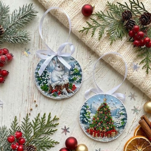Decoration By the Christmas Tree (Winter tale), ABT-062  від Абрис Арт - купити з доставкою ✿ Найкраща ціна від виробника ✿ Оптом та в роздріб ✿ Придбати Kits for embroidery with beads on canvas - Christmas and New Year toys and decorations