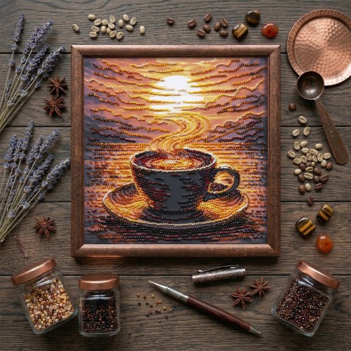 Набір-міді для вишивання бісером на натуральному художньому холсті "Ароматна кава", AMB-144  від Абрис Арт - купити з доставкою ✿ Найкраща ціна від виробника ✿ Оптом та в роздріб ✿ Придбати Набори-міді для вишивки бісером