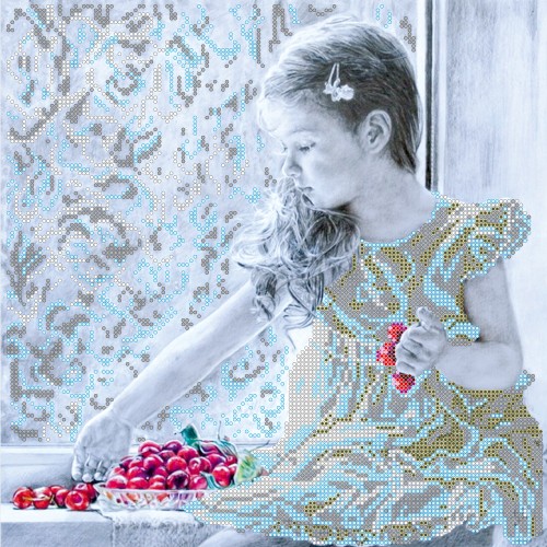 Girl and cherry, AC-241 by Abris Art - buy online! ✿ Fast delivery ✿ Factory price ✿ Wholesale and retail ✿ Purchase Large schemes for embroidery with beads on canvas (300x300 mm)