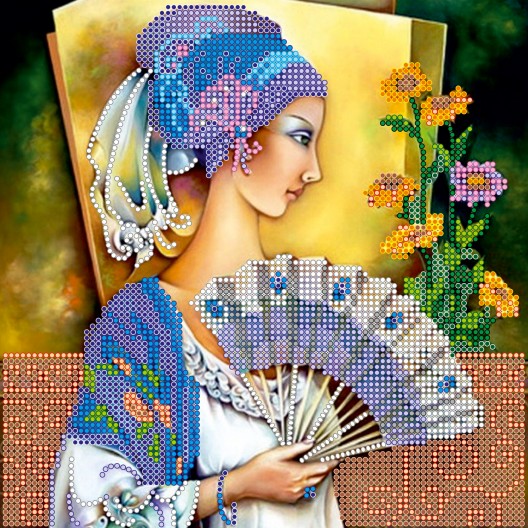 Lady with fan, AC-484 by Abris Art - buy online! ✿ Fast delivery ✿ Factory price ✿ Wholesale and retail ✿ Purchase Scheme for embroidery with beads on canvas (200x200 mm)