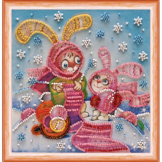 Mini Bead embroidery kit Knitting bunnies, AM-091 by Abris Art - buy online! ✿ Fast delivery ✿ Factory price ✿ Wholesale and retail ✿ Purchase Sets-mini-for embroidery with beads on canvas