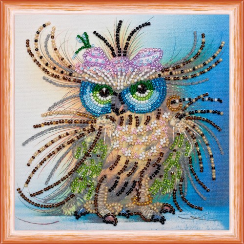 Mini Bead embroidery kit Owl and bow, AM-101 by Abris Art - buy online! ✿ Fast delivery ✿ Factory price ✿ Wholesale and retail ✿ Purchase Sets-mini-for embroidery with beads on canvas