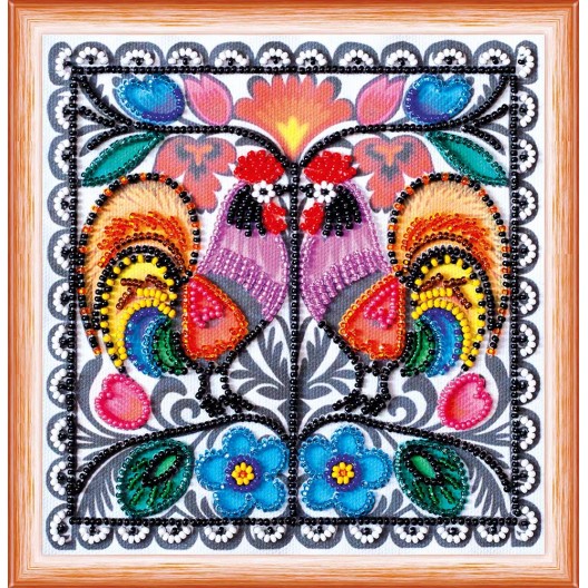 Mini Bead embroidery kit Two cockerels, AM-132 by Abris Art - buy online! ✿ Fast delivery ✿ Factory price ✿ Wholesale and retail ✿ Purchase Sets-mini-for embroidery with beads on canvas