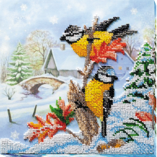 Mid-sized bead embroidery kit Feathered guests (Winter tale)