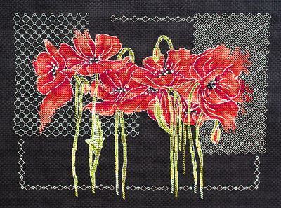 Cross Stitch Kit "Poppies (on black canvas)"