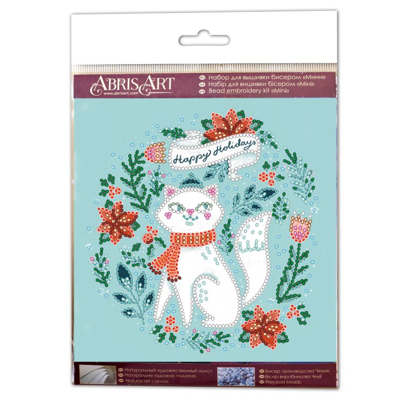 Mini Bead Embroidery Kit on Art Canvas "Kitty in a scarf"