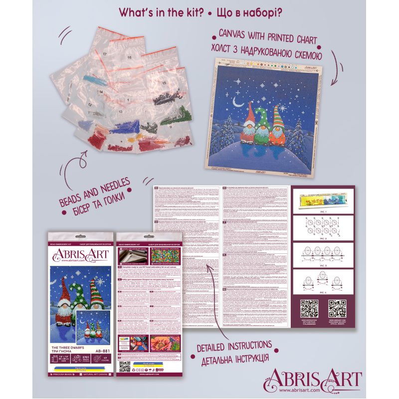 Bead Embroidery Kit on Art Canvas "The three dwarfs"