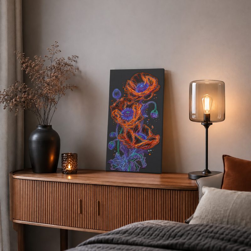 Bead Embroidery Kit on Art Canvas "Neon Poppies"
