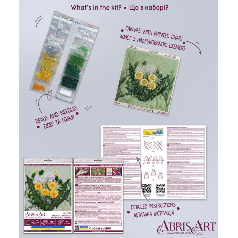 Mini Bead Embroidery Kit on Art Canvas "Favorite dandelion"