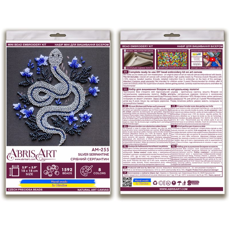 Mini Bead Embroidery Kit on Art Canvas "Silver serpentine"