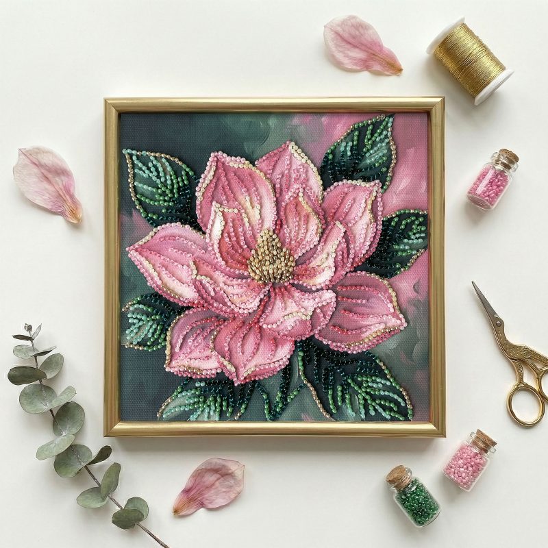 Mini Bead Embroidery Kit on Art Canvas "Petal Kiss"