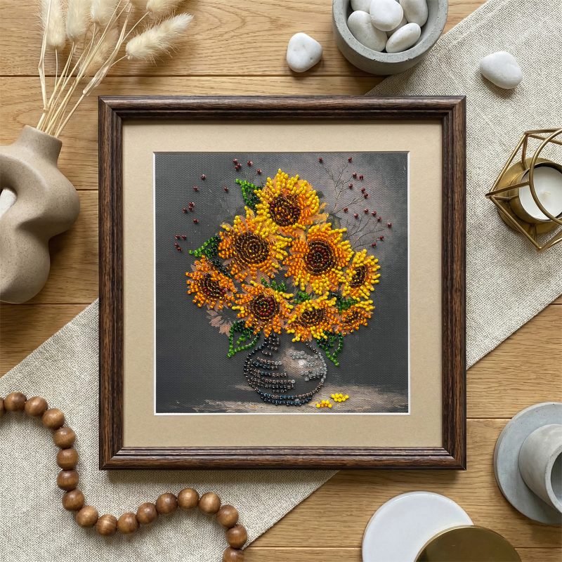Mini Bead Embroidery Kit on Art Canvas "Homely sunflowers"