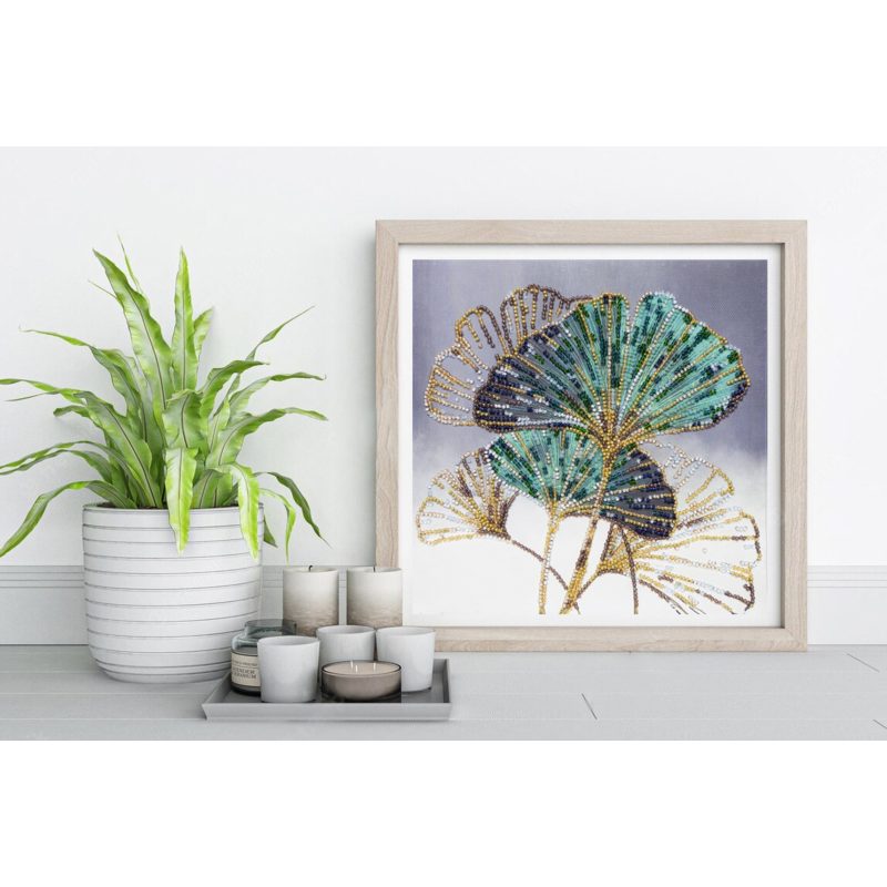 Midi Bead Embroidery Kit on Art Canvas "Emerald leaves"