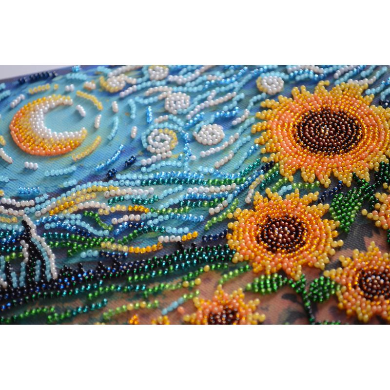 Midi Bead Embroidery Kit on Art Canvas "Sunflowers in night’s embrace"