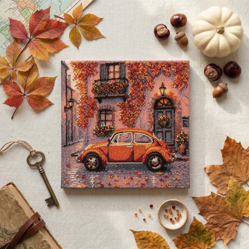 Midi Bead Embroidery Kit on Art Canvas "Autumn Neighborhood"