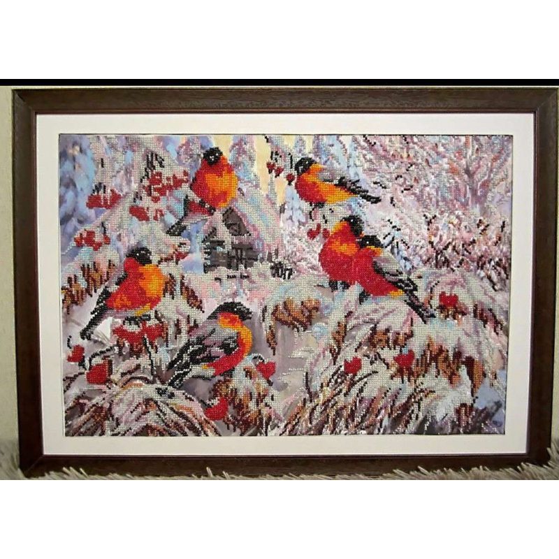 Bead Embroidery Kit on Art Canvas "Bullfinches"