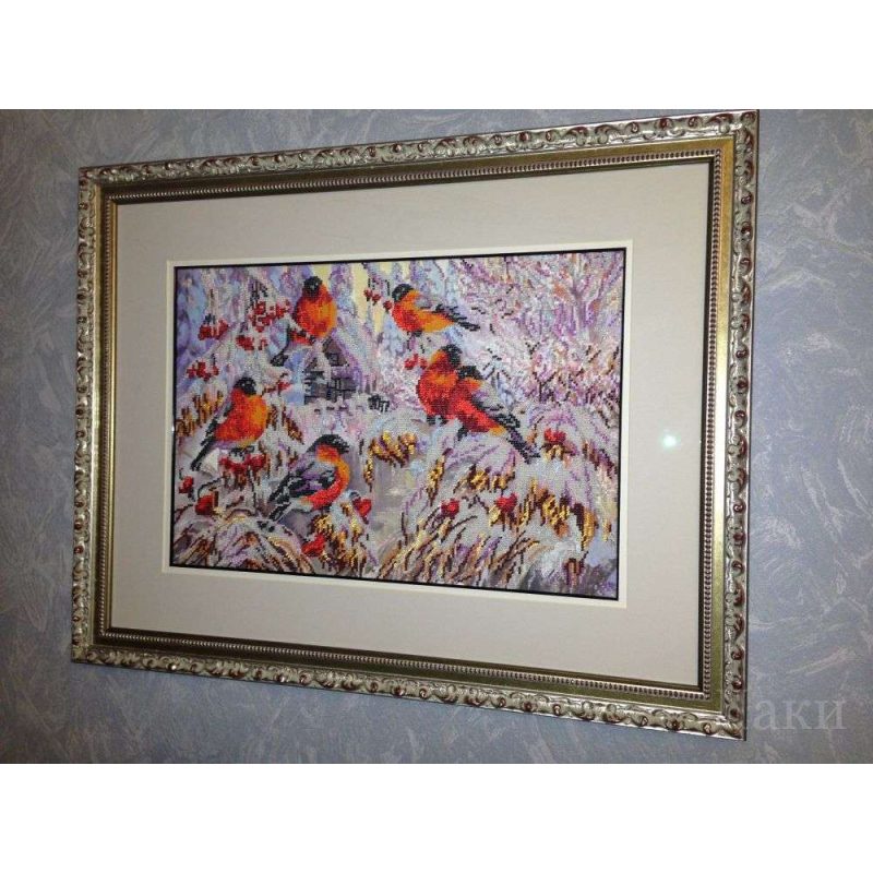 Bead Embroidery Kit on Art Canvas "Bullfinches"