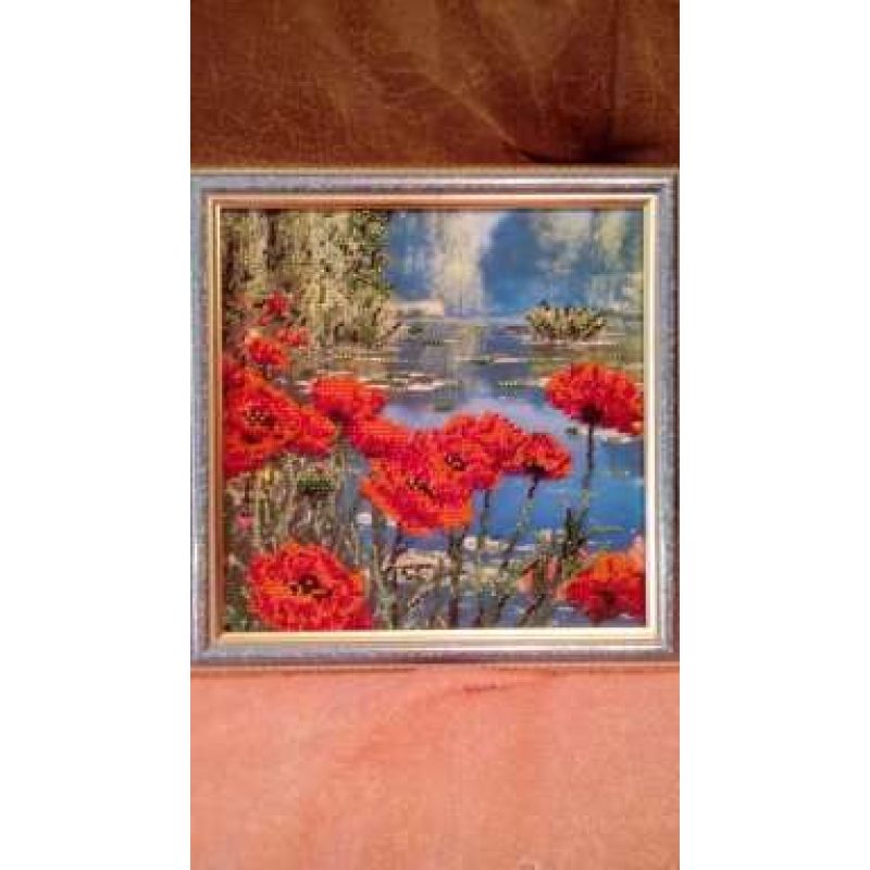 Bead Embroidery Pattern on Art Canvas "Poppy’s by the Lake"