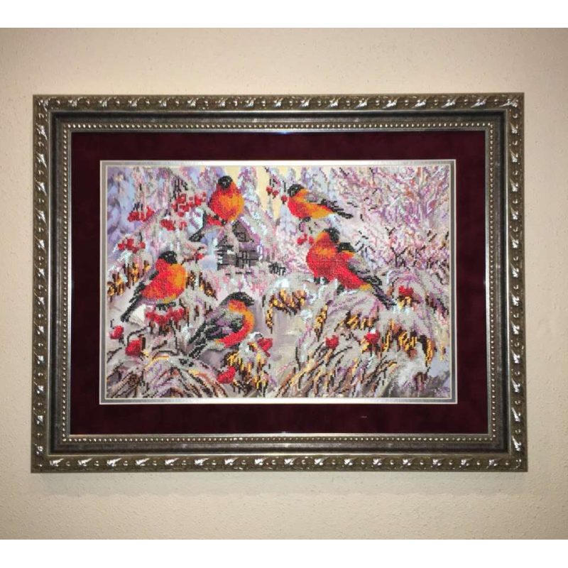 Bead Embroidery Kit on Art Canvas "Bullfinches"