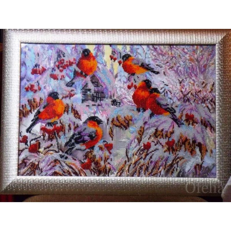 Bead Embroidery Kit on Art Canvas "Bullfinches"