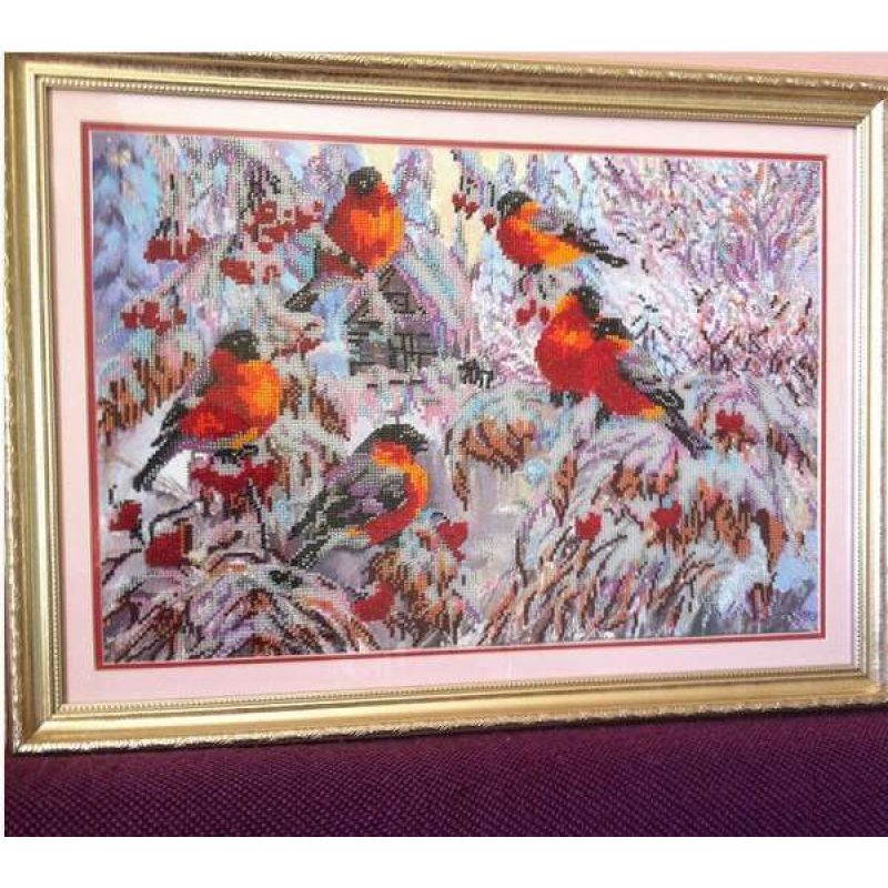 Bead Embroidery Kit on Art Canvas "Bullfinches"