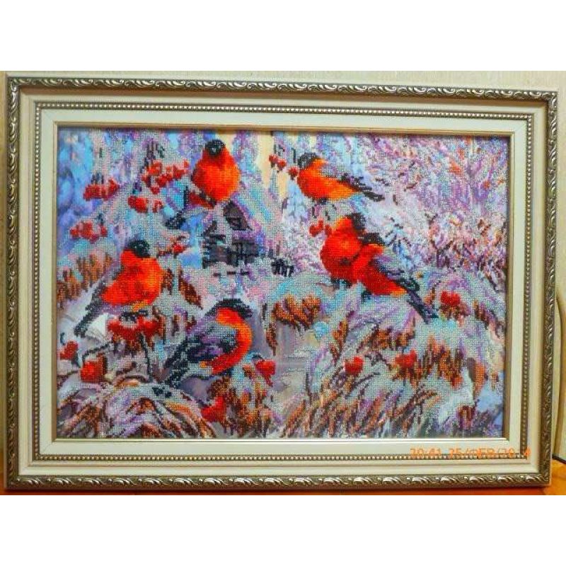Bead Embroidery Kit on Art Canvas "Bullfinches"
