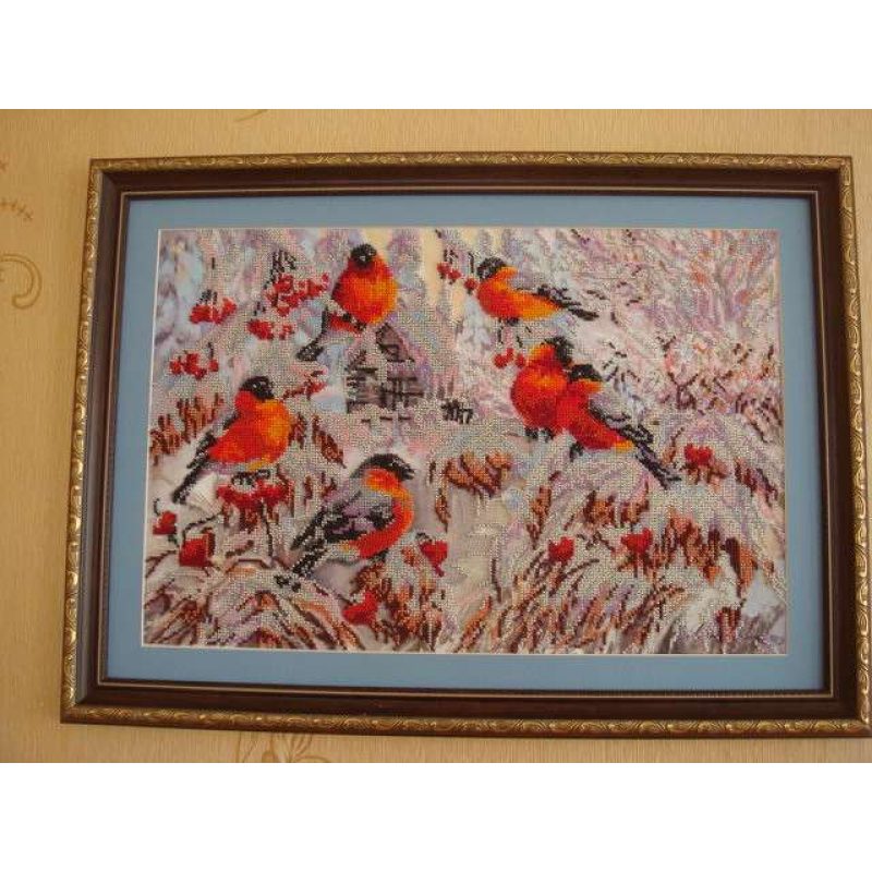 Bead Embroidery Kit on Art Canvas "Bullfinches"
