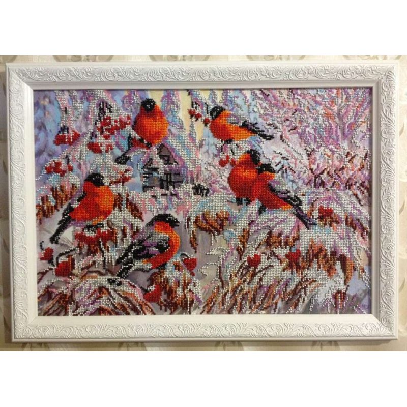 Bead Embroidery Kit on Art Canvas "Bullfinches"