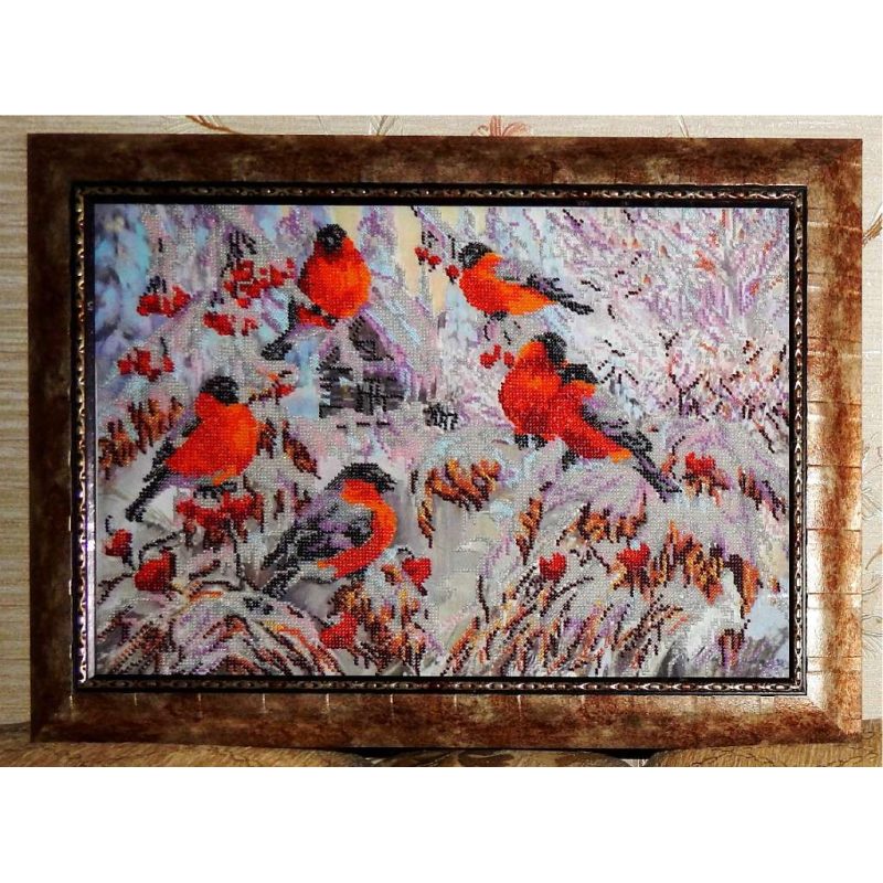 Bead Embroidery Kit on Art Canvas "Bullfinches"