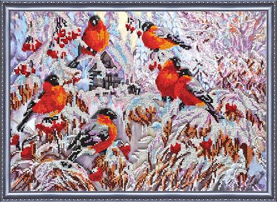Bead Embroidery Kit on Art Canvas "Bullfinches"