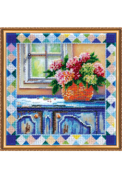 Bead Embroidery Kit on Art Canvas "Hydrangea at window"