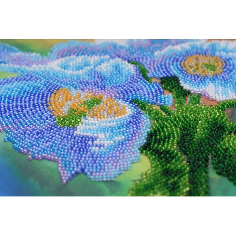 Bead Embroidery Kit on Art Canvas "Blue Poppies"