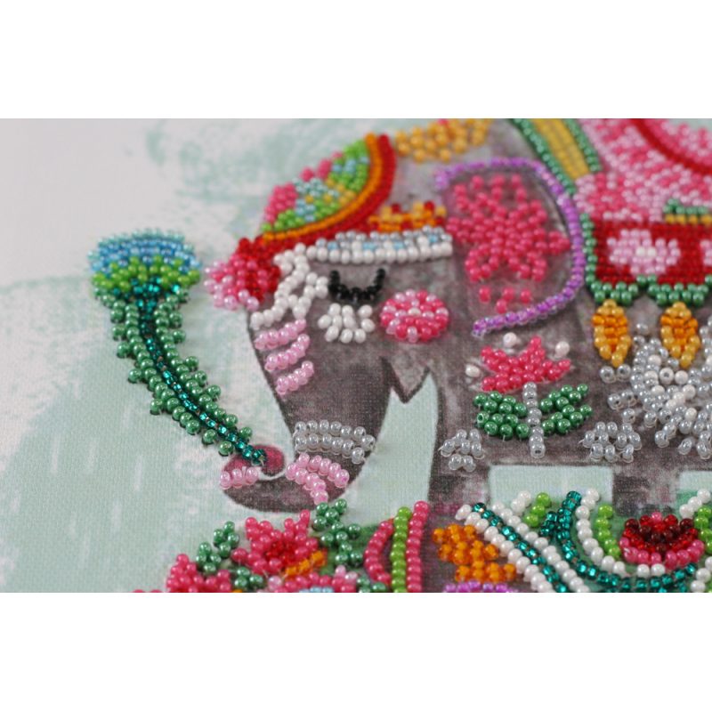 Bead Embroidery Kit on Art Canvas "Three elephants for happiness"
