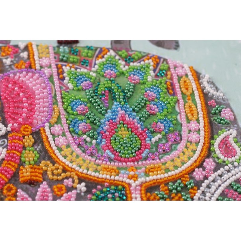 Bead Embroidery Kit on Art Canvas "Three elephants for happiness"