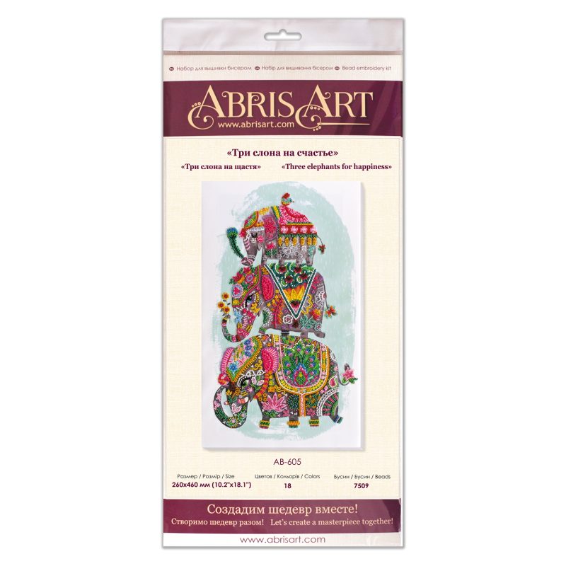 Bead Embroidery Kit on Art Canvas "Three elephants for happiness"