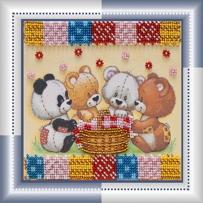 Mini Bead Embroidery Kit on Art Canvas "Bears and basket"
