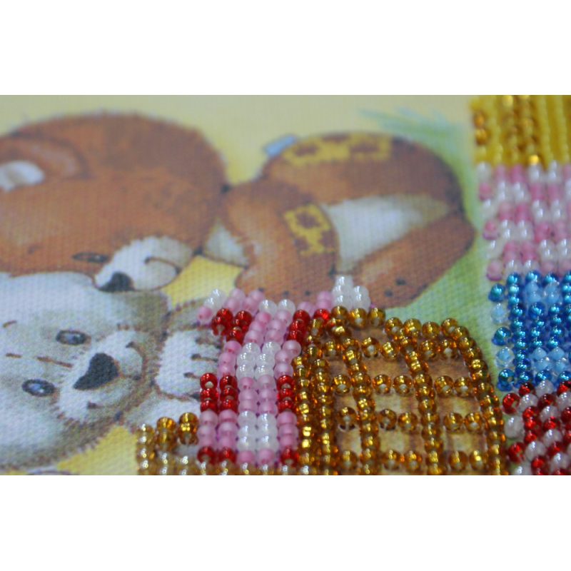 Mini Bead Embroidery Kit on Art Canvas "Bears and basket"