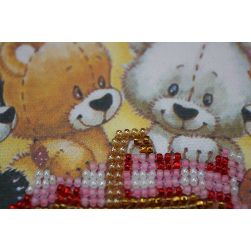 Mini Bead Embroidery Kit on Art Canvas "Bears and basket"