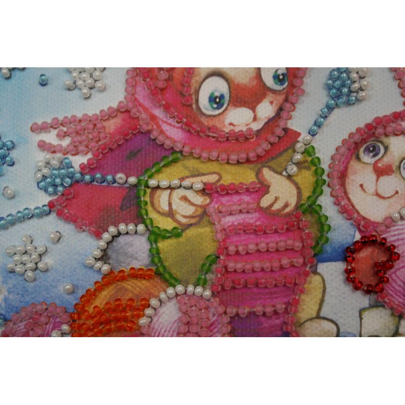 Mini Bead Embroidery Kit on Art Canvas "Knitting bunnies"