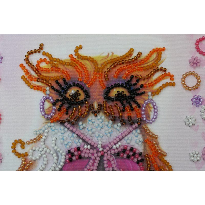 Mini Bead Embroidery Kit on Art Canvas "Owl and coffee"