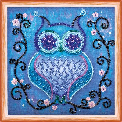 Mini Bead Embroidery Kit on Art Canvas "Blue owl"