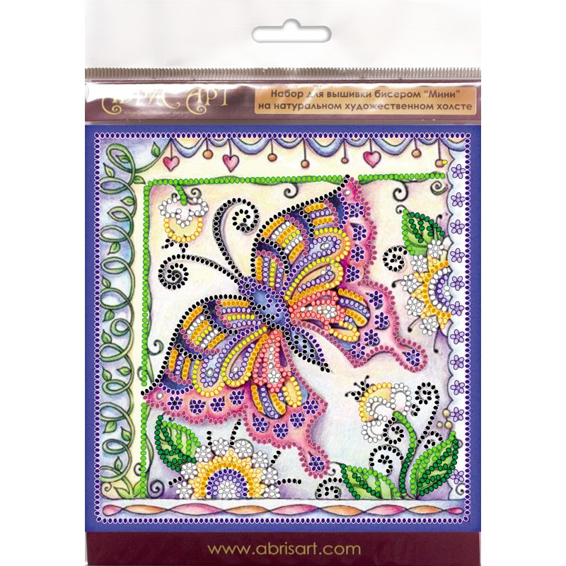 Mini Bead Embroidery Kit on Art Canvas "Butterfly in flowers"