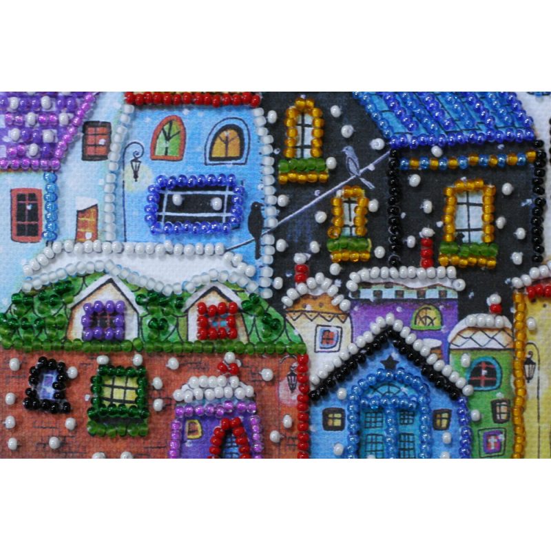 Mini Bead Embroidery Kit on Art Canvas "Bright houses"