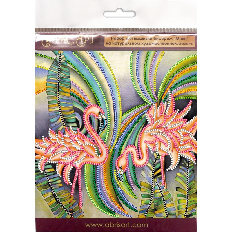 Mini Bead Embroidery Kit on Art Canvas "Pink flamingos"