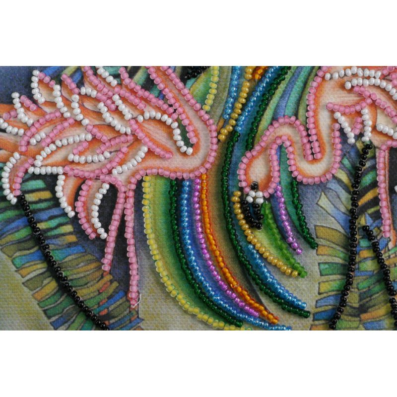 Mini Bead Embroidery Kit on Art Canvas "Pink flamingos"