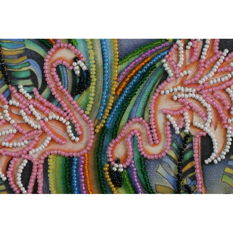Mini Bead Embroidery Kit on Art Canvas "Pink flamingos"