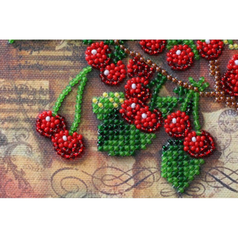 Mini Bead Embroidery Kit on Art Canvas "Cherry twig"