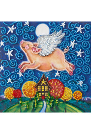 Mini Bead Embroidery Kit on Art Canvas "Flying pig"