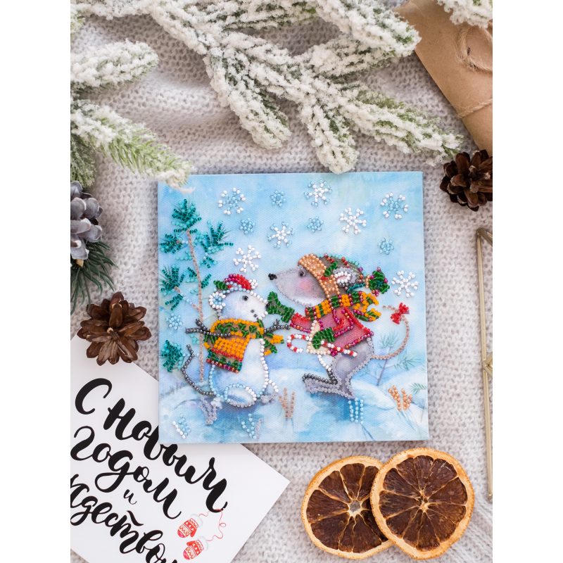 Mini Bead Embroidery Kit on Art Canvas "Snow friend"