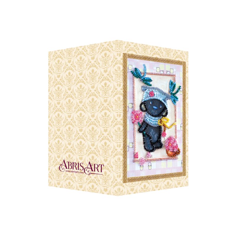Bead Embroidery Postcard Kit "Teddy bear and dragonfly"